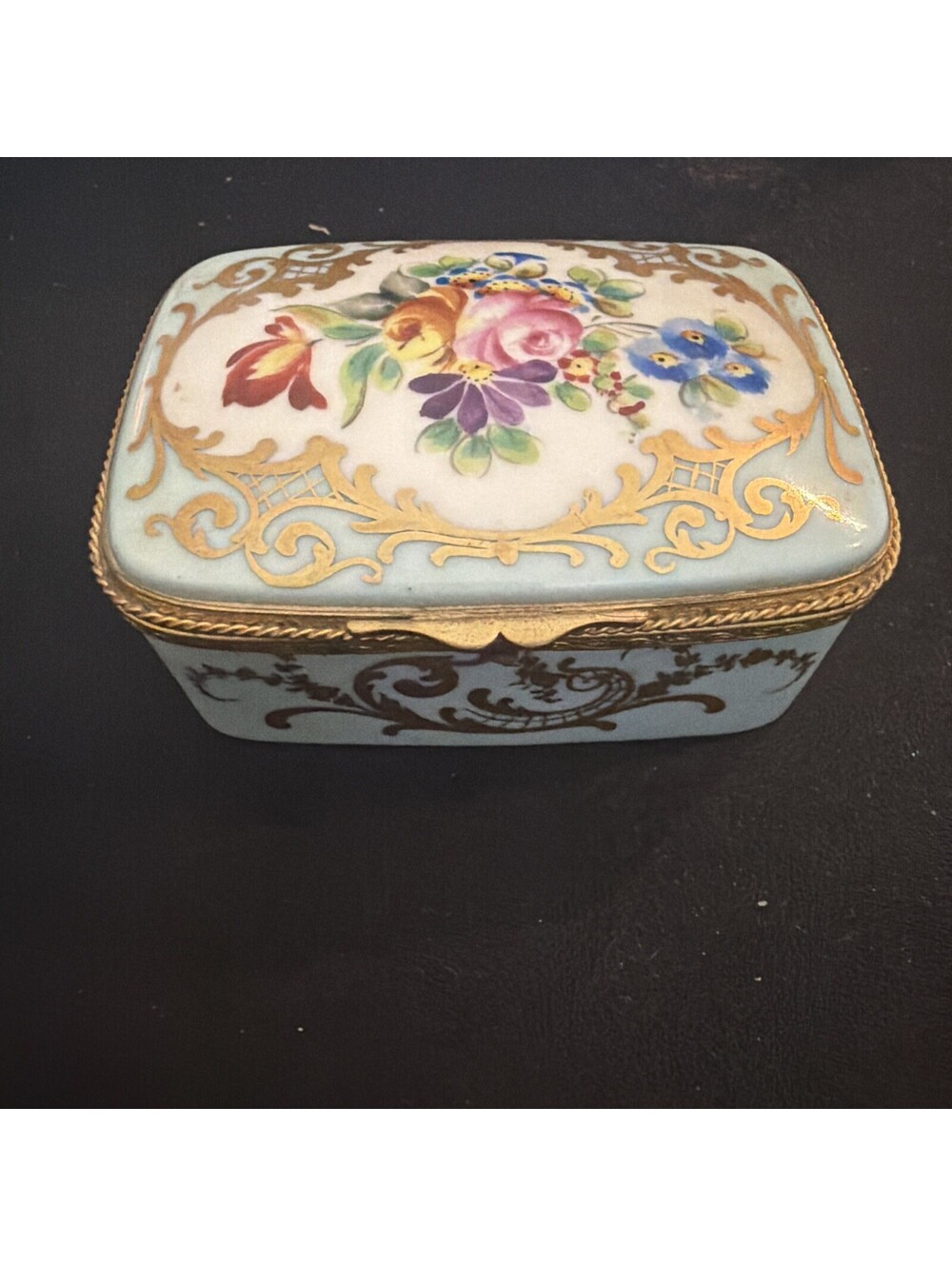 Le Tallec Vintage Limoges France Hand Painted Porcelain Trinket Box Floral Blue